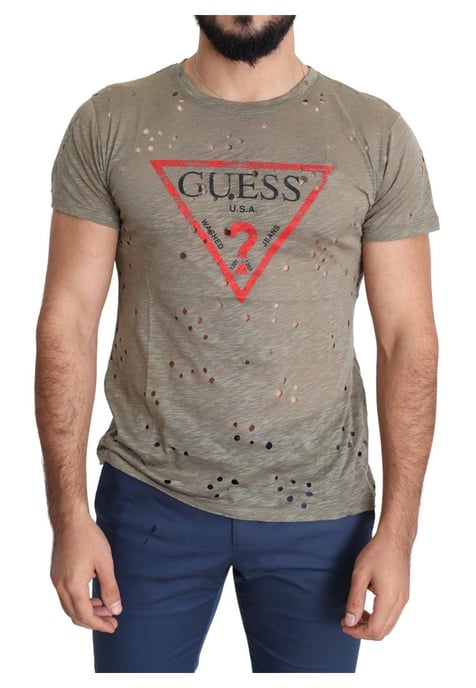 Camiseta Casual Perforada de Algodón Stretch con Logo Impreso para Hombre en Marrón de Guess - Image 1