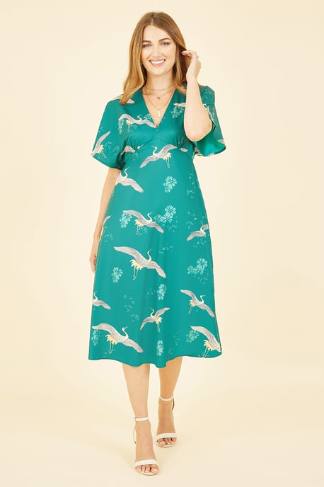 Yumi Green Crane Print Kimono Midi Dress