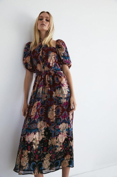 Border Print Twist Neck Halter Midi Dress