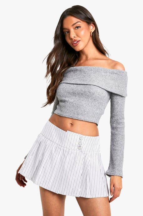 Pinstripe Button Detail Pleated Mini Skirt