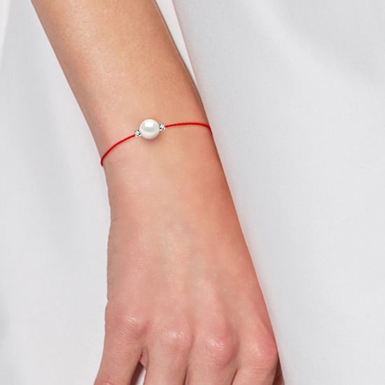 DIADEMA - Bracelet - Red Nylon - White Freshwater Pearl - Diamonds