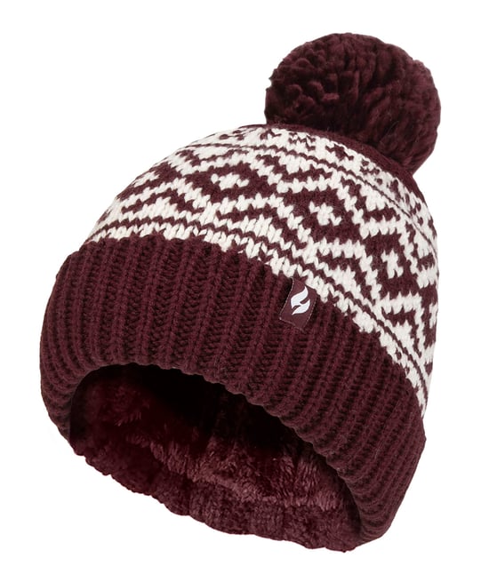 Gorro de mujer con estampado | Calentadores | Tejido de punto grueso con forro polar Heatweaver | Estilo Billingen - Vino - Image 1