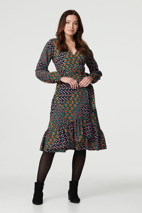 Black Patchwork Print Ruffled Wrap Dress
