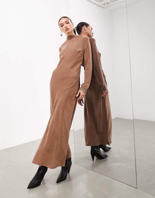 ASOS EDITION long sleeve high neck maxi dress in brown-Black