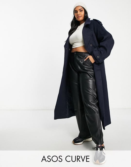 ASOS DESIGN Curve oversized brushed formal trench wool mix coat in navy