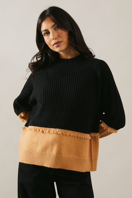 Colour Block Fringe Detail High Neck Jumper