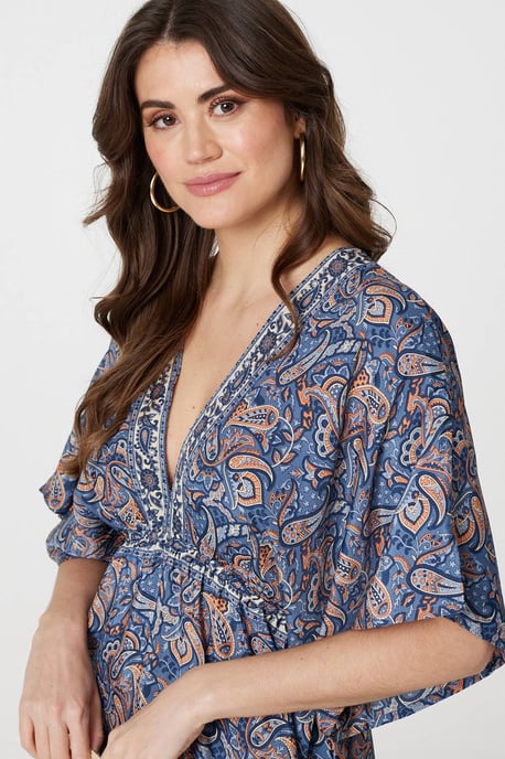 Navy Paisley Print Kimono Sleeve Midi Dress