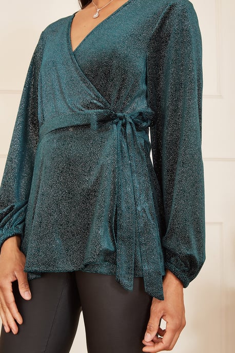Green Sparkle Velvet Wrap Top With Long Sleeves