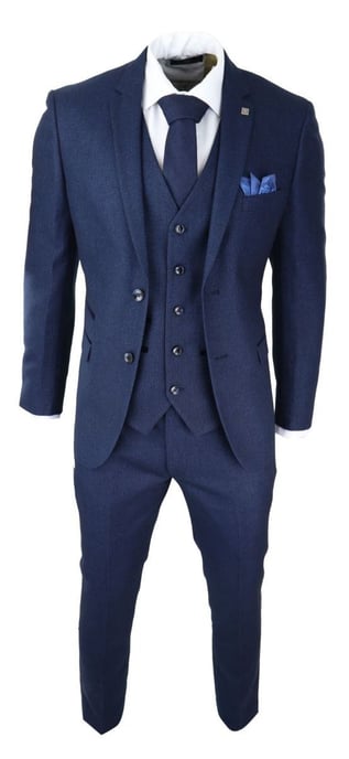 Traje clásico de tweed azul marino de tres piezas con diseño de ojo de pájaro para hombre - Image 2