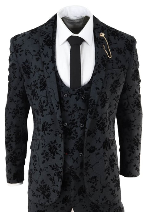Traje de cena de tres piezas de terciopelo con estampado de cachemira negro para hombre - Image 1