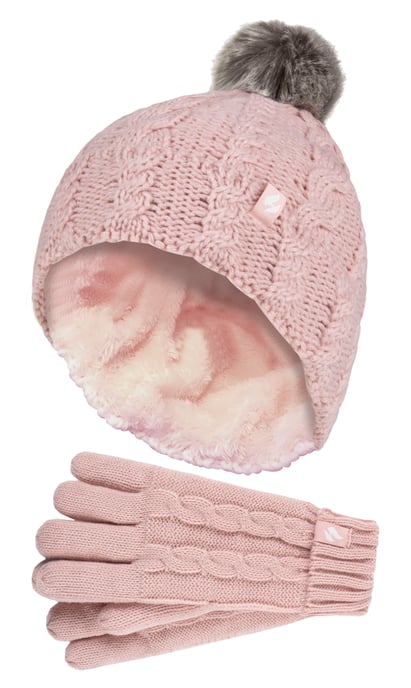 Heat Holders - Set de gorro y guantes para niña - Gorro con puño vuelto y guantes de punto estilo cable - Rosa oscuro - Image 1