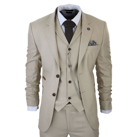 Traje de tres piezas de cuadros Príncipe de Gales color crema para hombre - Image 2