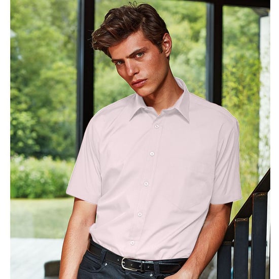 Premier Mens Short Sleeve Formal Poplin Plain Work Shirt (Pink) - Image 2