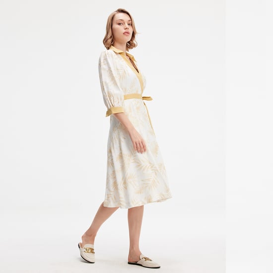 Bi-material wrap dress with tropical print