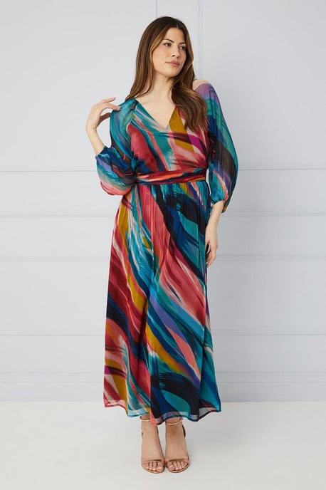 Abstract ¾ Balloon Sleeve Midaxi Dress