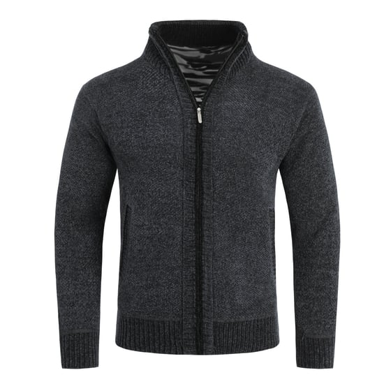 Men's Cardigan with Zip and Stand-Up Collar, Lined Chunky Knit Pullover Dark Grey - Image 1