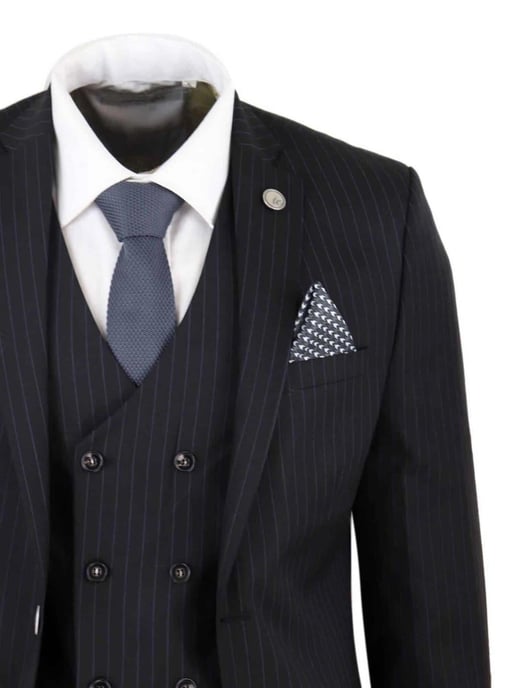 Traje retro de tres piezas de raya diplomática negra para hombre - Image 5