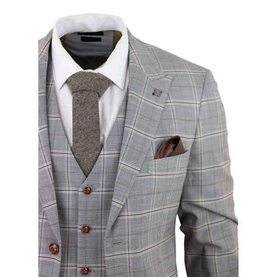 Mens Light Grey 3 Piece Velvet Trims Tailored Fit Suit