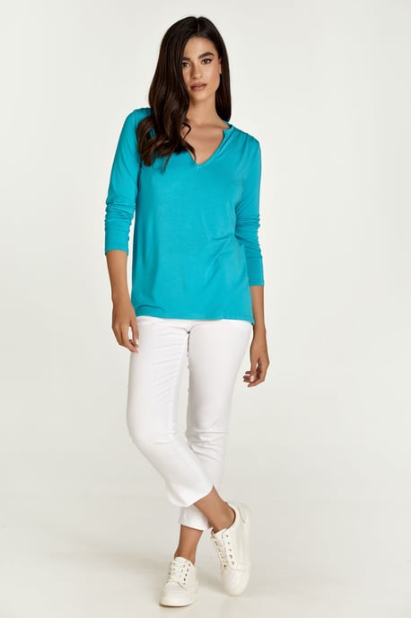 Turquoise Jersey V Neck Top