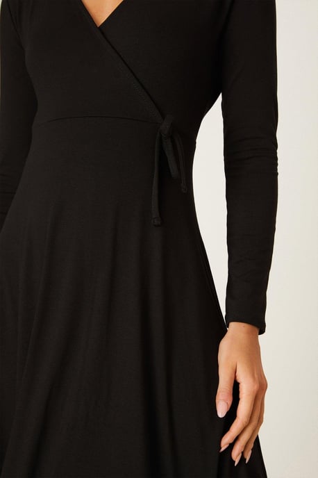 Petite Black Long Sleeve Wrap Midi Dress - Image 4