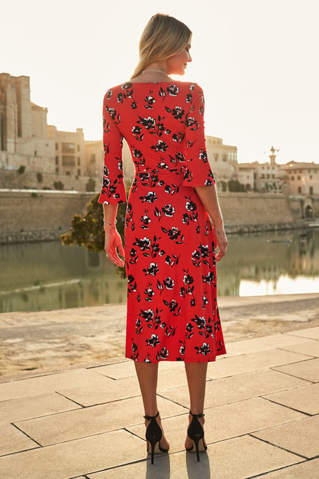 Red & Black Floral Print Jersey Midi Dress