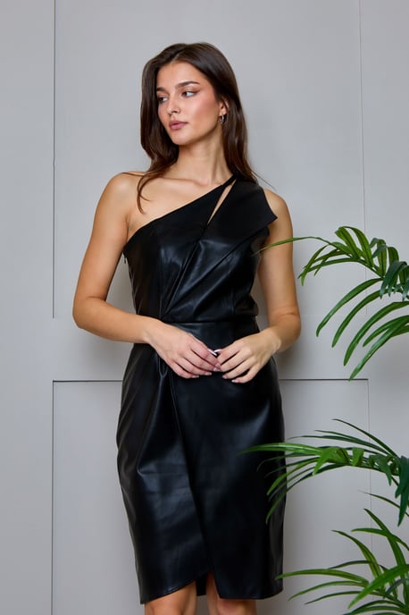 One Shoulder PU Cut Out Mini Dress in Black