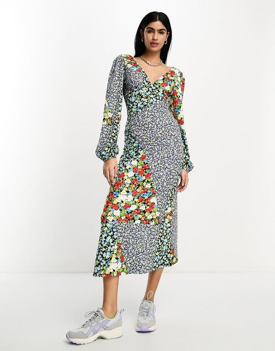 ASOS DESIGN long sleeve v neck midi dress in mixed print-Multi