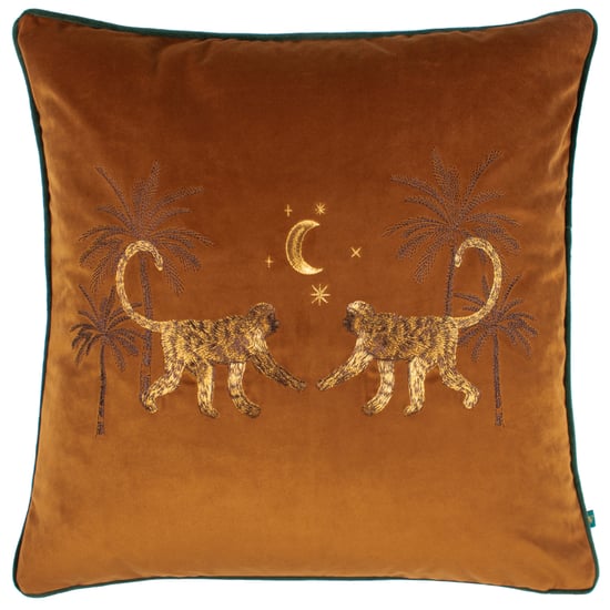 Wylder Tropics Dusk Monkey Embroidered Piped Velvet Cushion Cover - Image 1