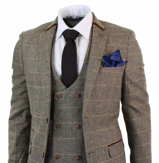 Traje de tweed a cuadros de espiga en color tostado de tres piezas para hombre - Image 3