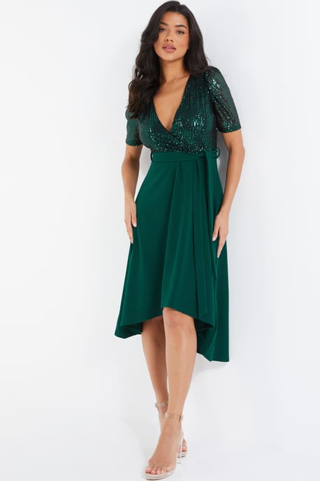 Bottle Green Sequin Wrap Dip Hem Midi Dress