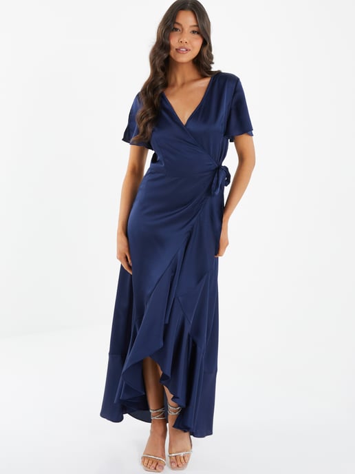 Navy Satin Wrap Maxi Dress