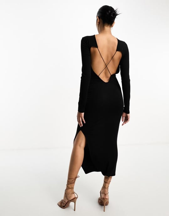ASOS DESIGN long sleeve midi dress with open back and strap detail in black