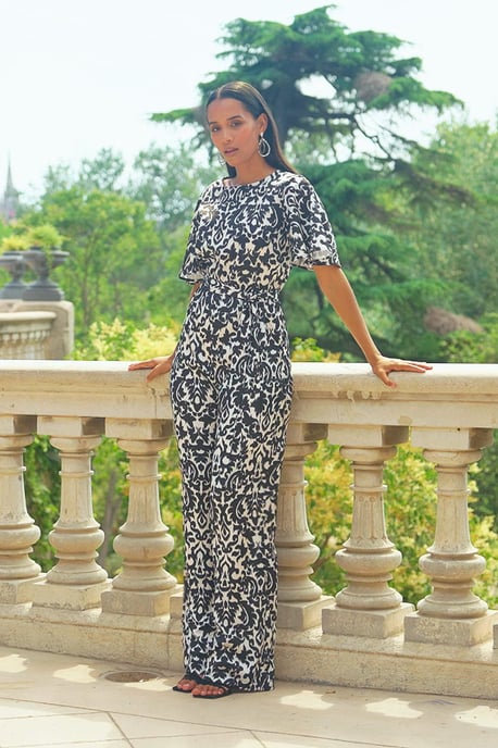 Black & White Mono Print Satin Angel Sleeve Wide Leg Jumpsuit