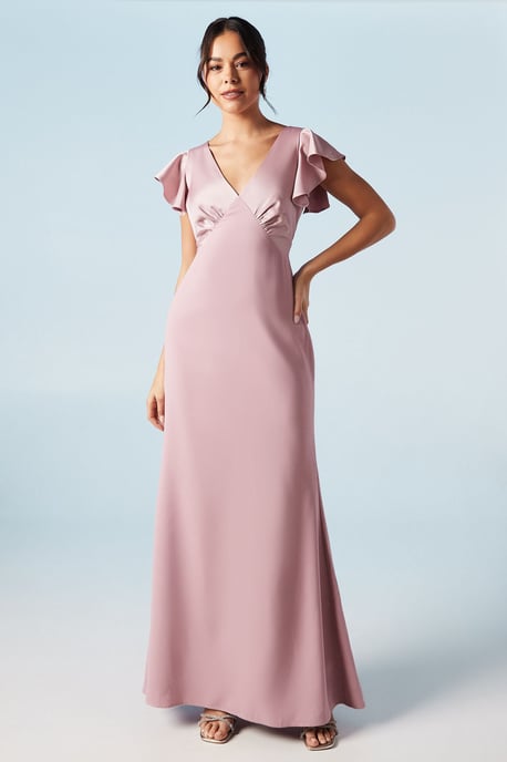 V Neck Angel Sleeve Satin Bridesmaids Dress - Image 1