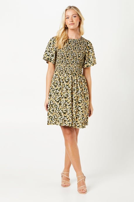 Ditsy Shirred Bodice Flutter Sleeve Mini Dress