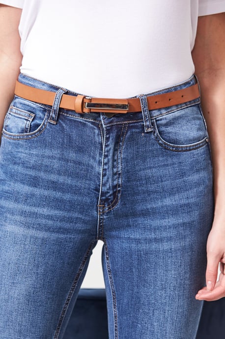 Tan Leather Slim Waist Belt With Silver Clasp