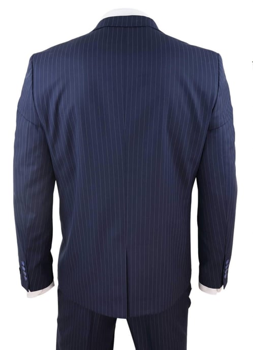 Traje retro de tres piezas de raya diplomática azul marino para hombre - Image 6