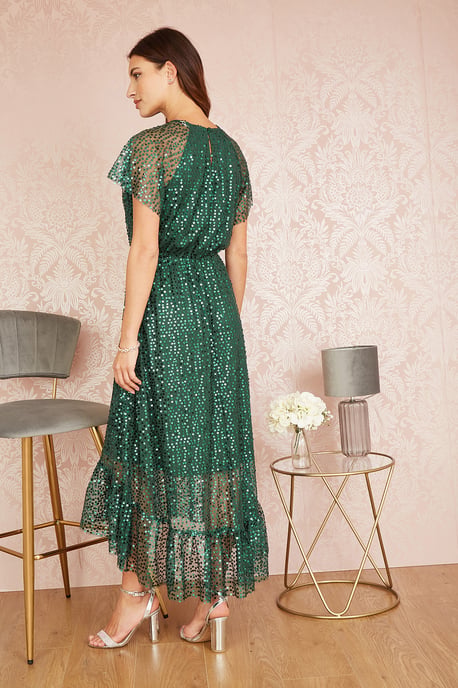 Green Sequin Angel Sleeve Midi Dress