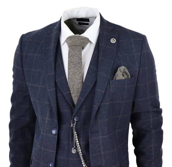 Traje de lana de 3 piezas para hombre, de tweed azul marino a cuadros, Peaky Blinders, estilo Gatsby de los años 20 - Image 3