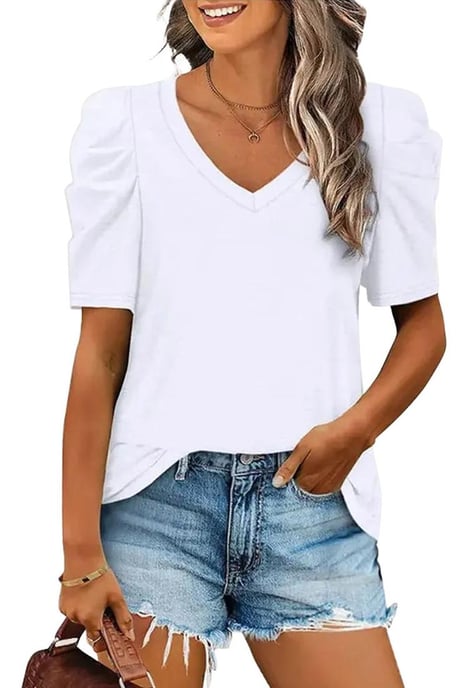 Camiseta de Mujer de Cuello en V con Mangas Abullonadas en Blanco - Image 1