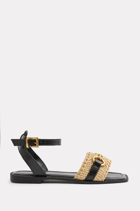 Wheres That From Womens 'Bonnie' Wide Fit Pu Straw Detail Strap Sandals With Buckle Closure