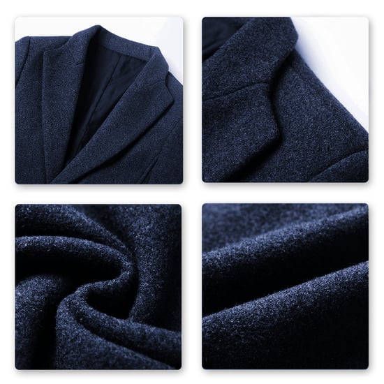 Men's Long Slim Fit Winter Warm Business Wool Coat Blue