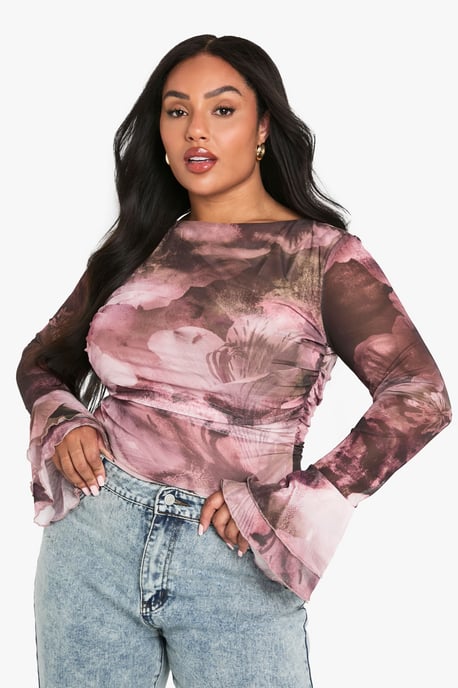 plus abstract mesh flare cuff bodysuit