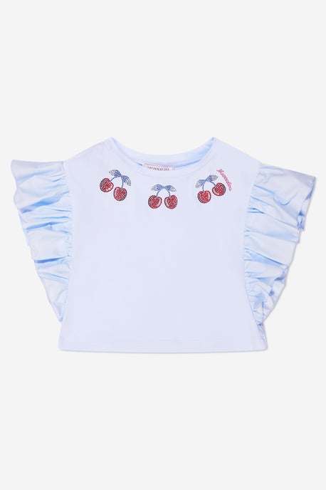Monnalisa Girls Cropped Cherry T-Shirt in Blue