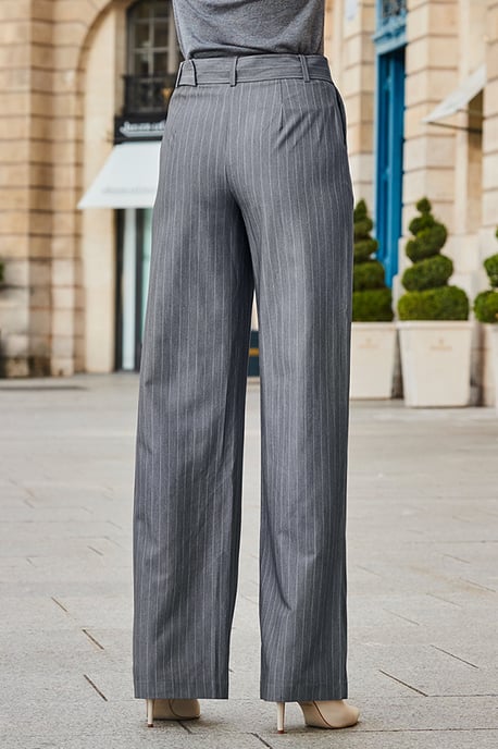 Grey Pinstripe Belted Wide Leg Trousers