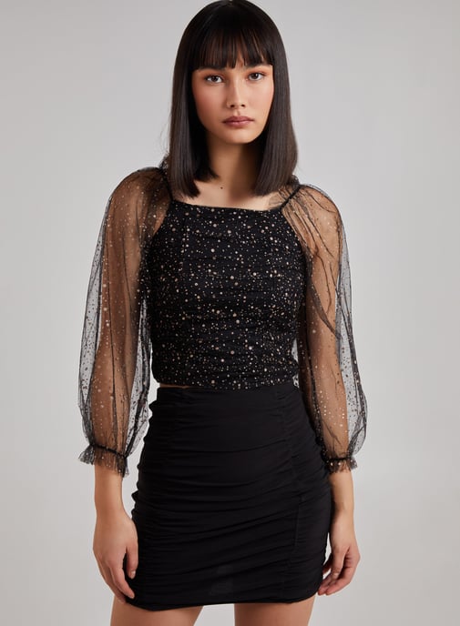 GLITZY - Glitter Ruched Top With Sheer Balloon Sleeve