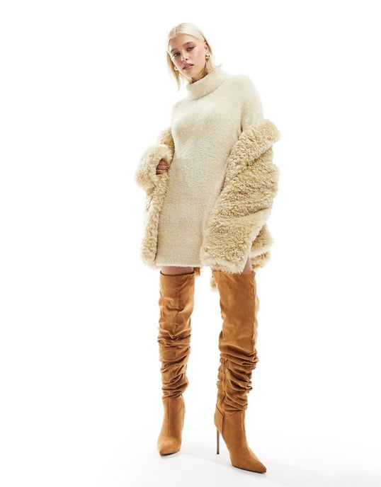 ASOS DESIGN knitted mini dress in cosy yarn with high neck in stone-Neutral