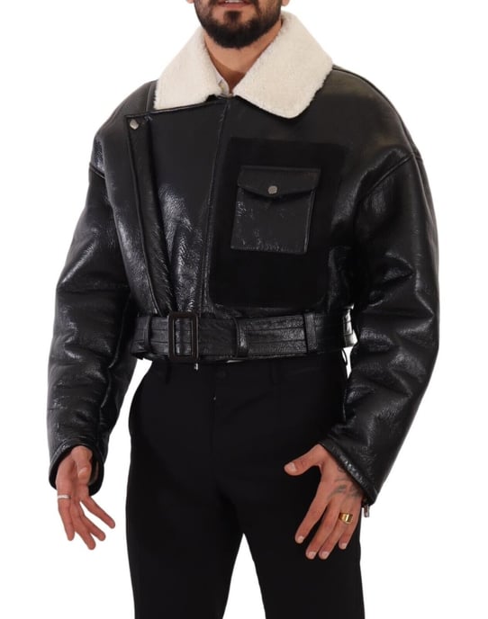 Abrigo de motociclista de cuero negro con forro de piel de oveja para hombre de Dolce & Gabbana - Image 5