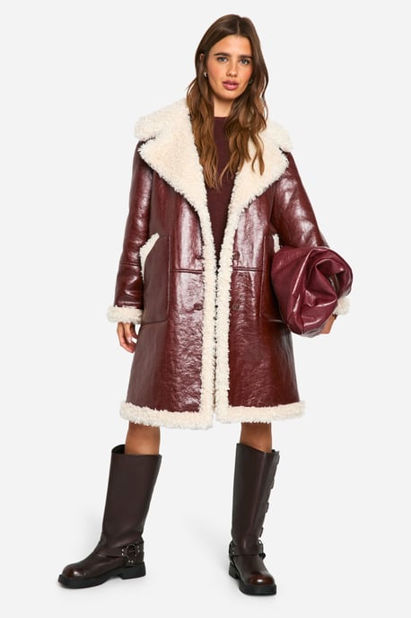 Faux Leather Teddy Trim Longline Aviator Jacket