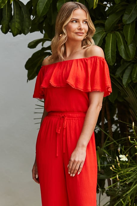 Red Crinkle Wide Leg Trousers